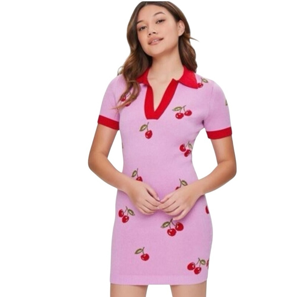 Forever 21 Cherry Short Sleeve Tennis Prep Sweater Dress Pink Red Size M